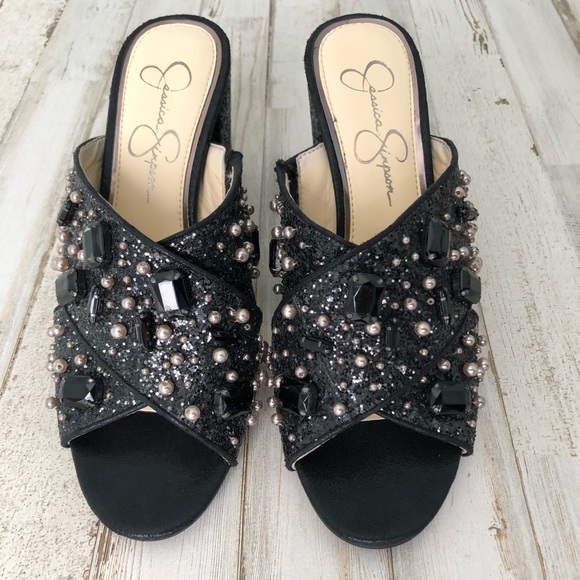 Jessica Simpson Rizell Black Chunky Glitter/Shimmer Slides Block Heel Size 8 - Picture 3 of 9
